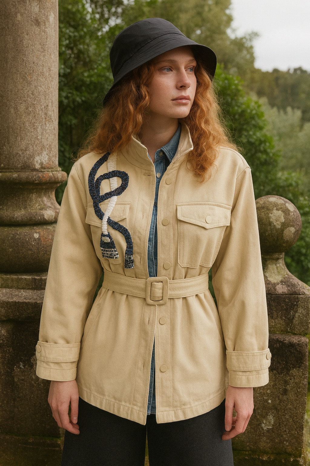 Püskül İşlemeli Krem Renk Jean Ceket