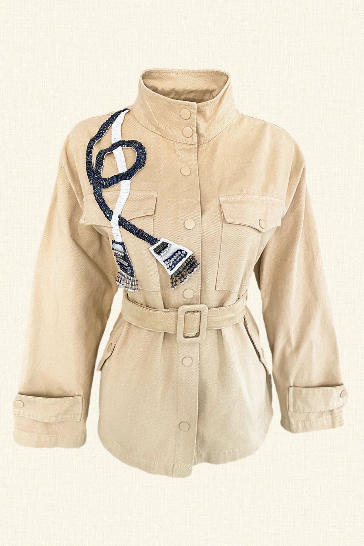 Püskül İşlemeli Krem Renk Jean Ceket