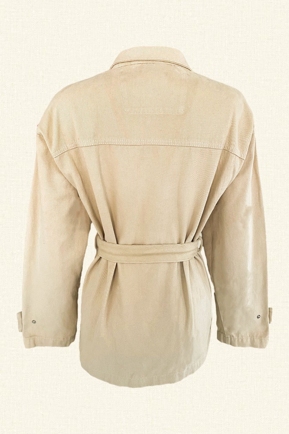 Püskül İşlemeli Krem Renk Jean Ceket