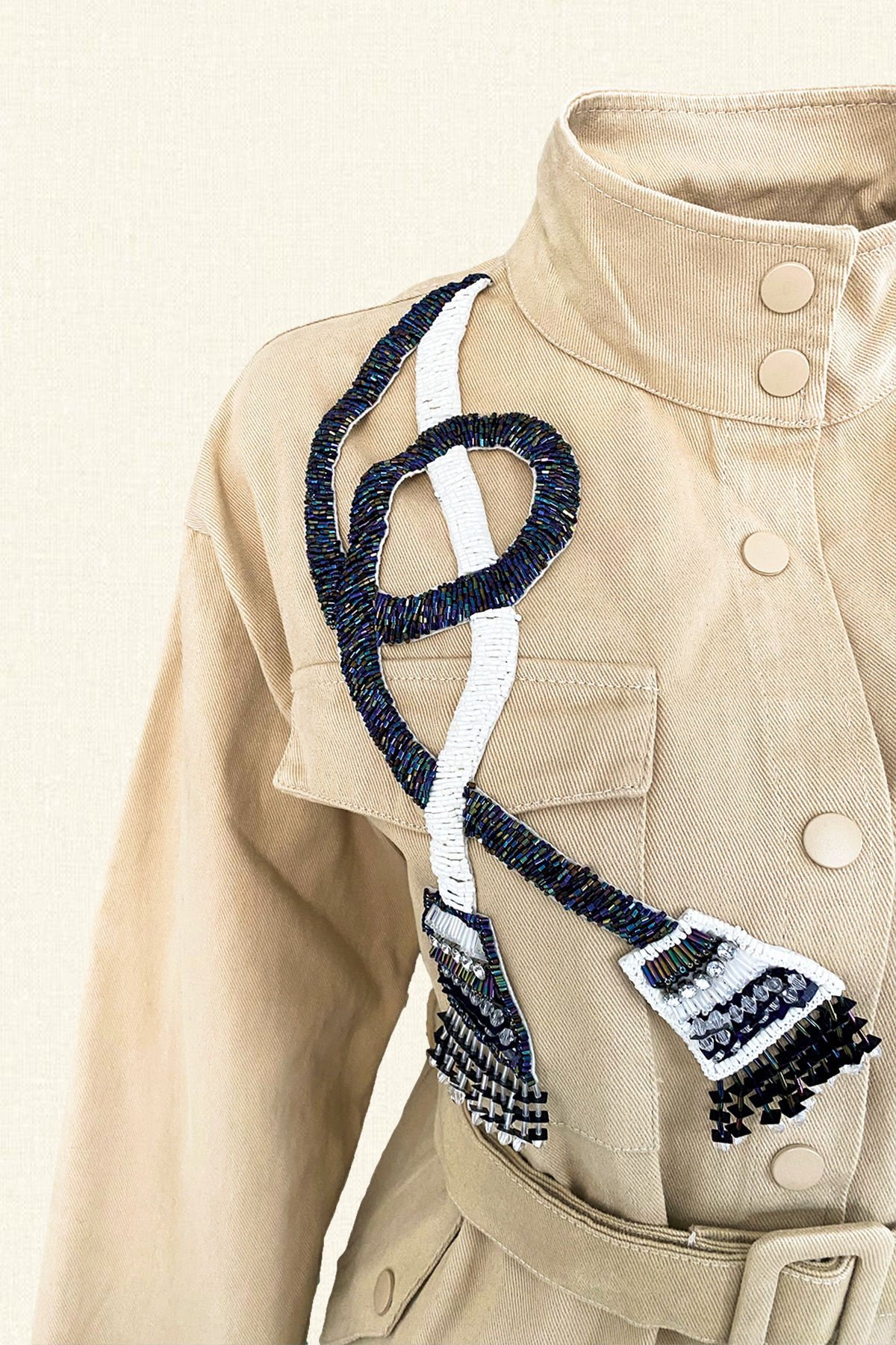 Püskül İşlemeli Krem Renk Jean Ceket