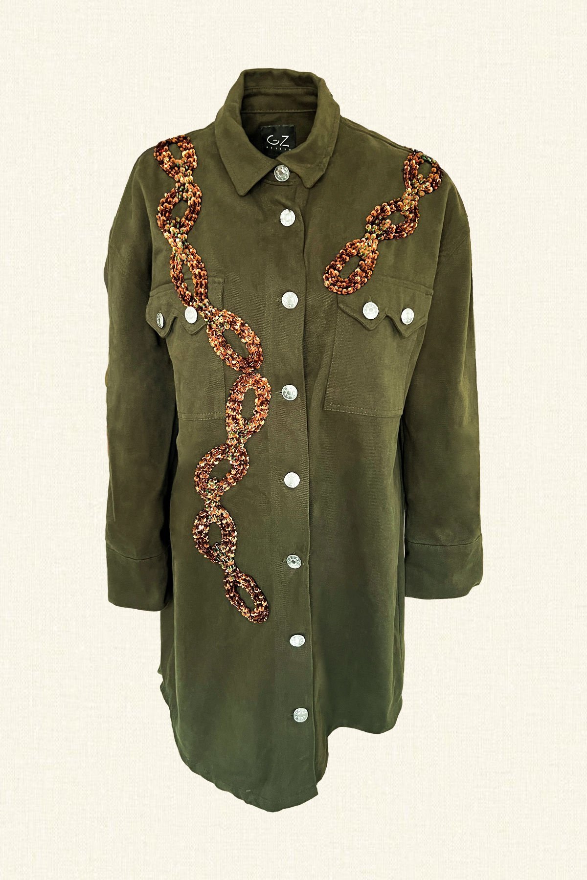 Bakır Zincir İşlemeli Uzun Yeşil Oversize Jean Ceket