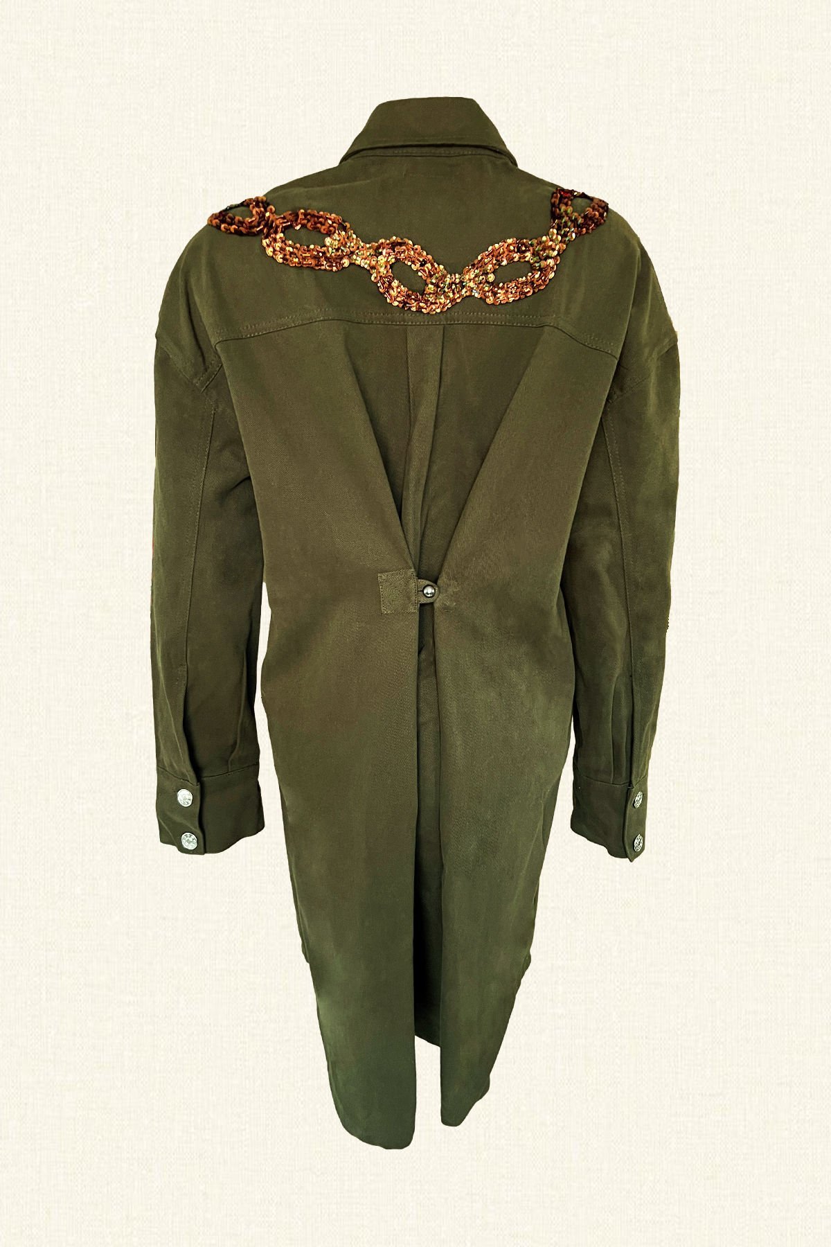 Bakır Zincir İşlemeli Uzun Yeşil Oversize Jean Ceket