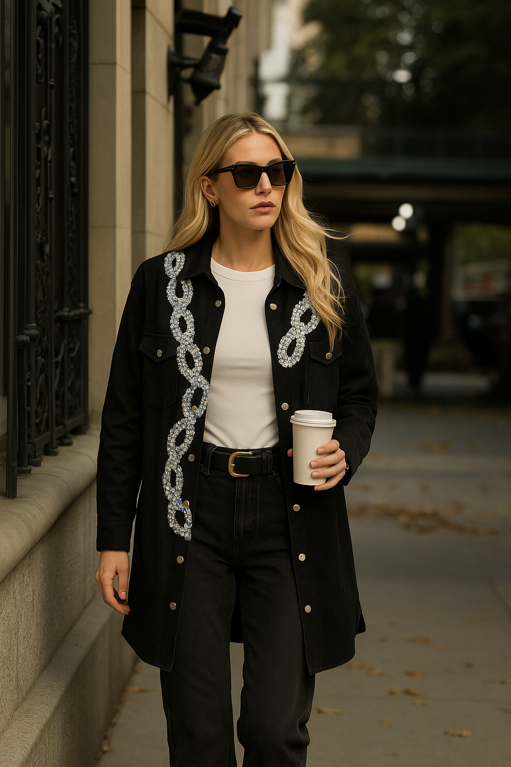 Gümüş Zincir İşlemeli Uzun Siyah Oversize Jean Ceket