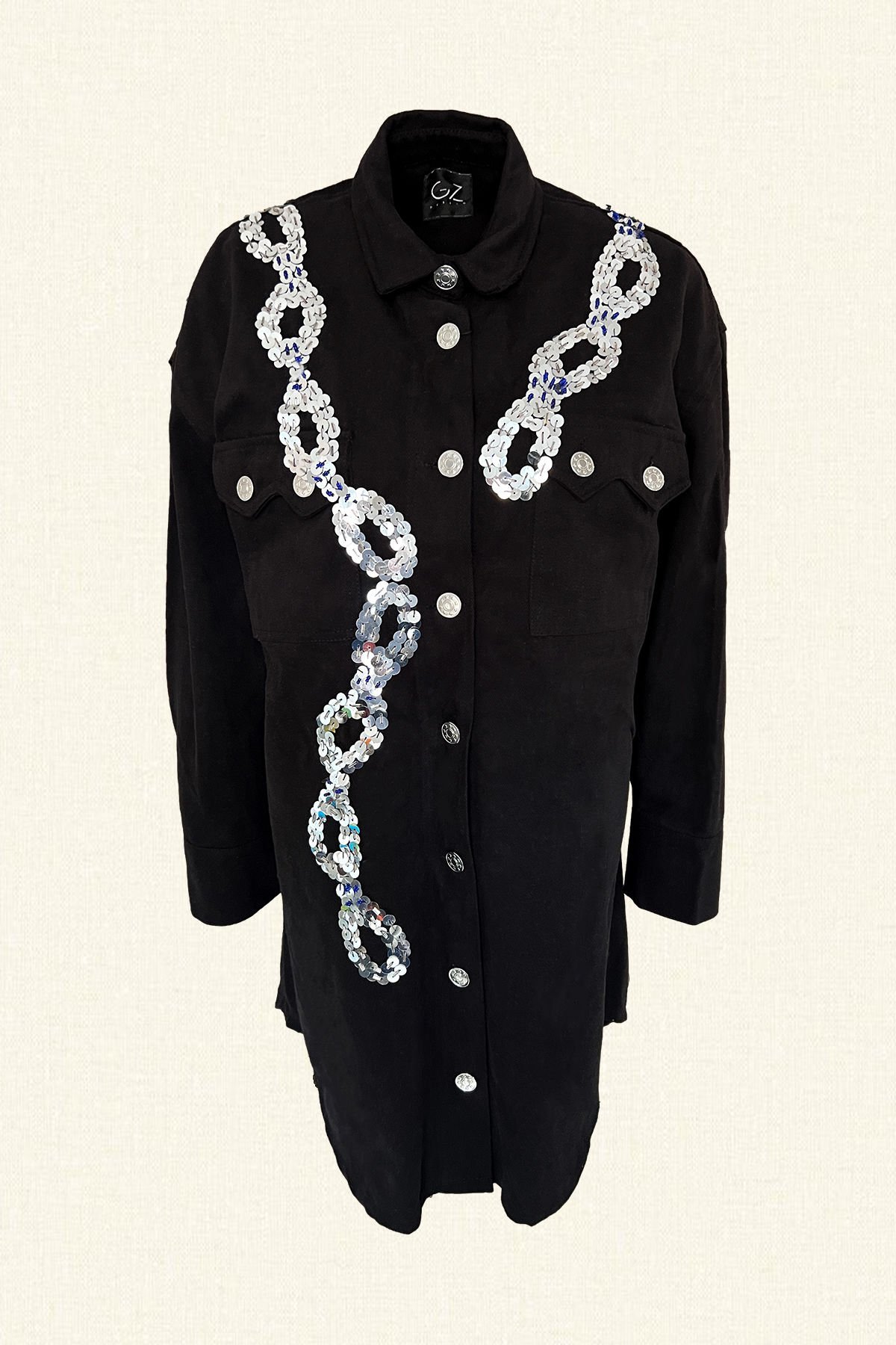 Gümüş Zincir İşlemeli Uzun Siyah Oversize Jean Ceket