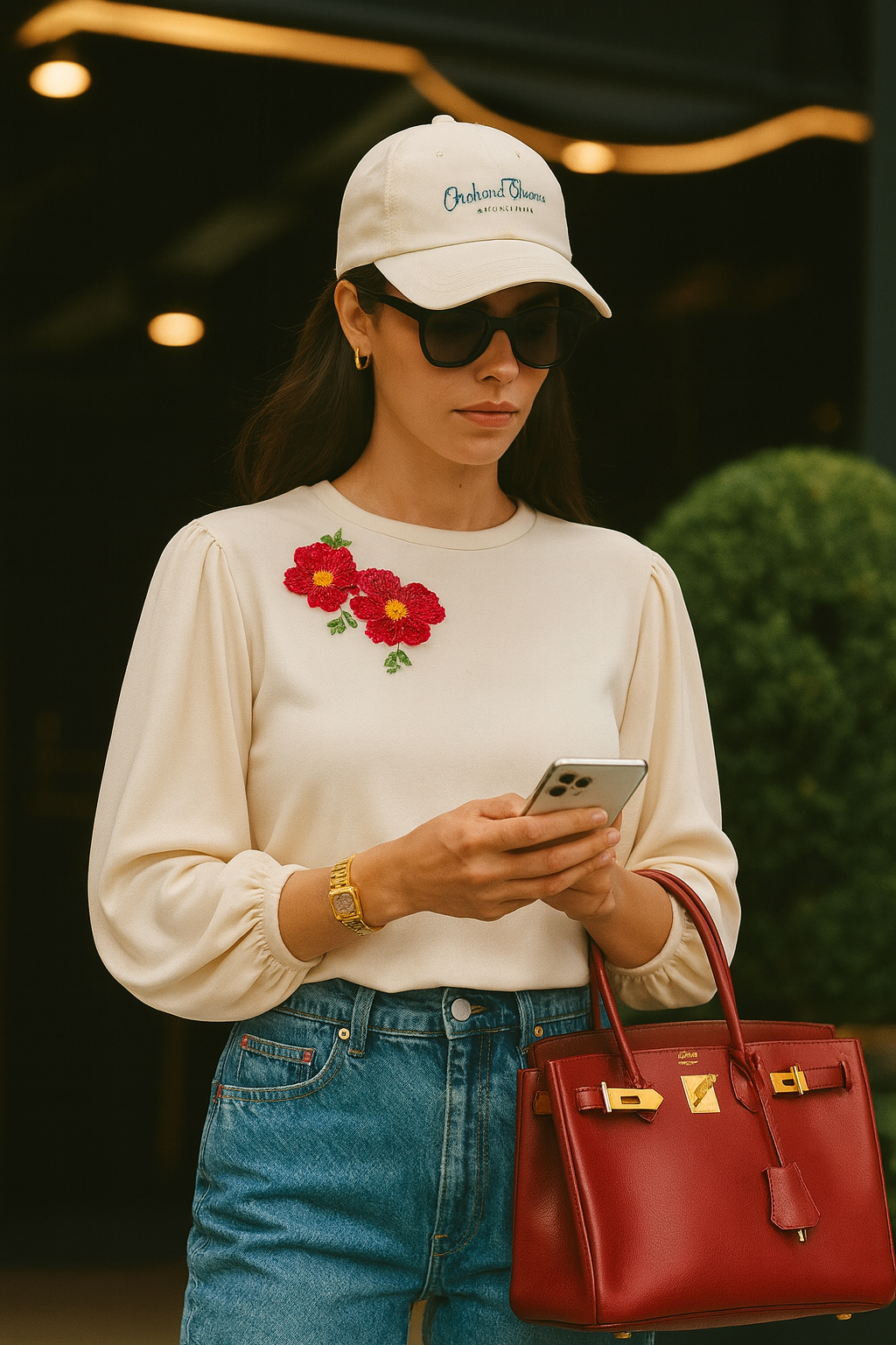 Kırmızı Çiçek İşlemeli Balon Kollu Krem Renk Bluz