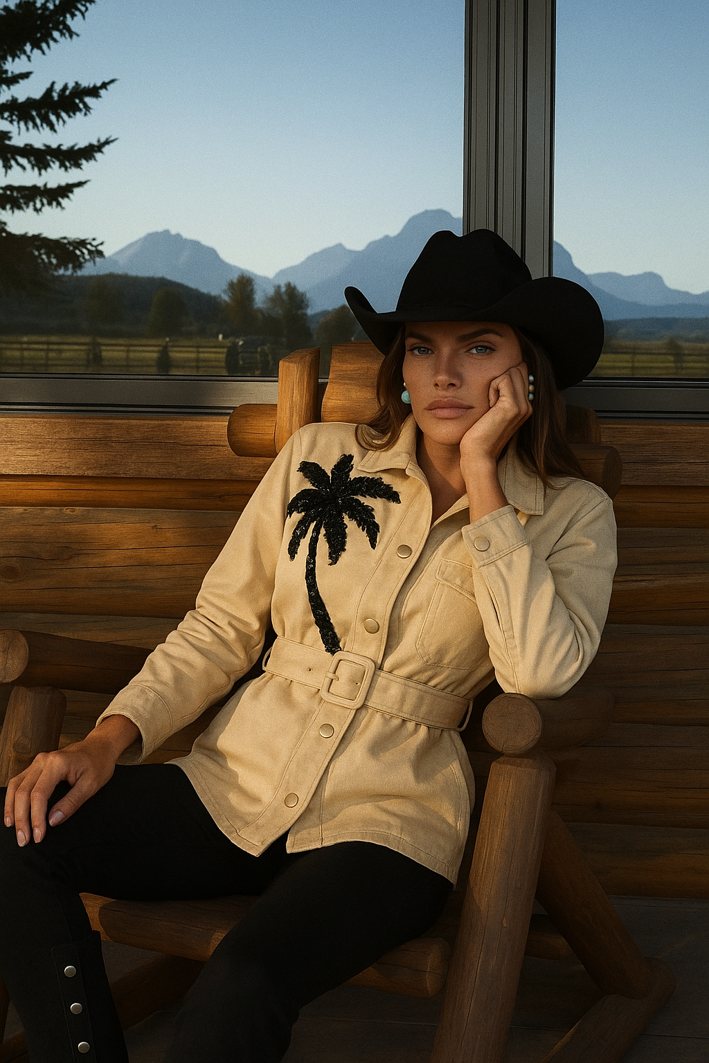 Siyah Palmiye İşlemeli Krem Renk Jean Ceket