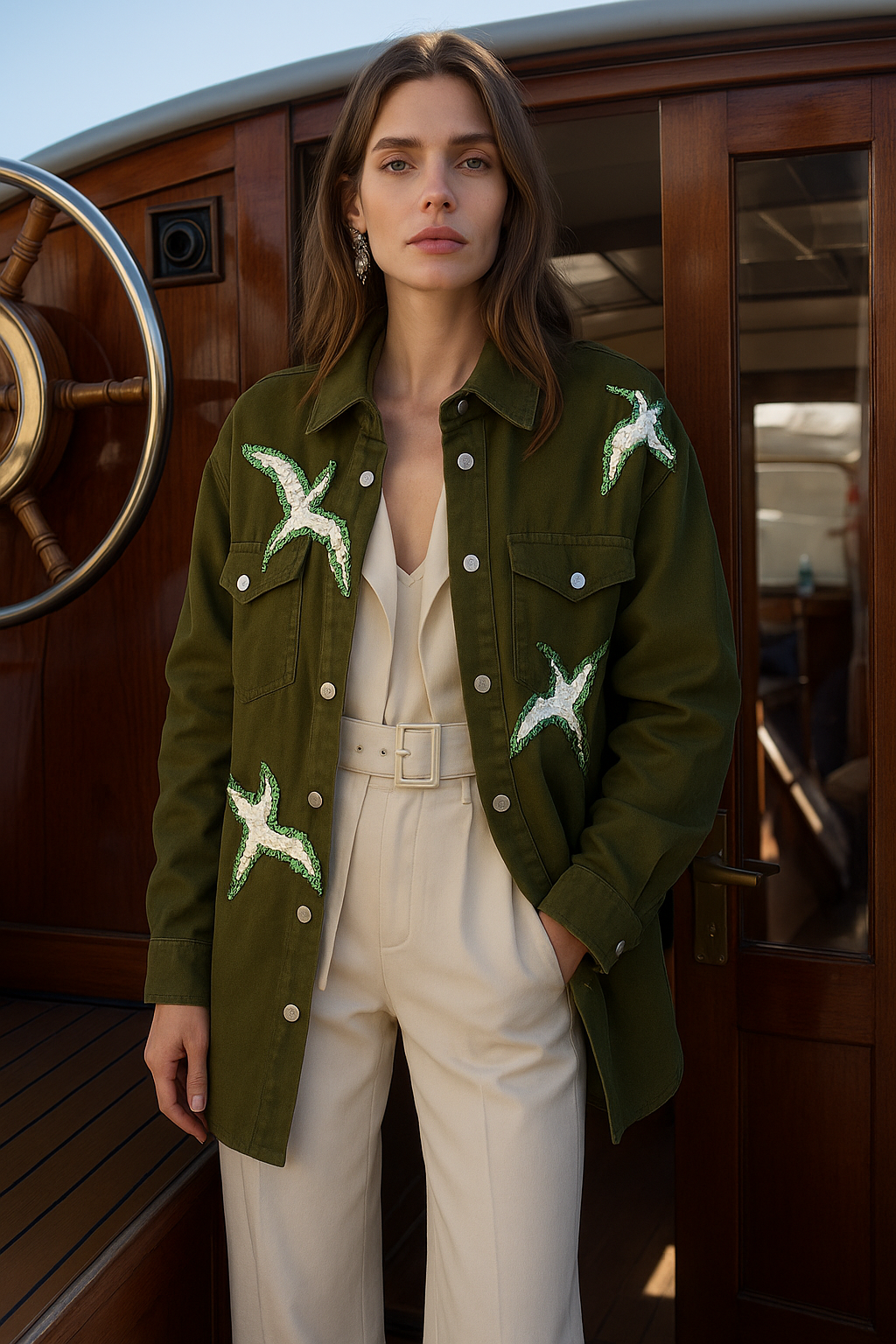 Deri Üzeri Pul İşlemeli Kuş Figürlü Uzun Yeşil Oversize Jean Ceket