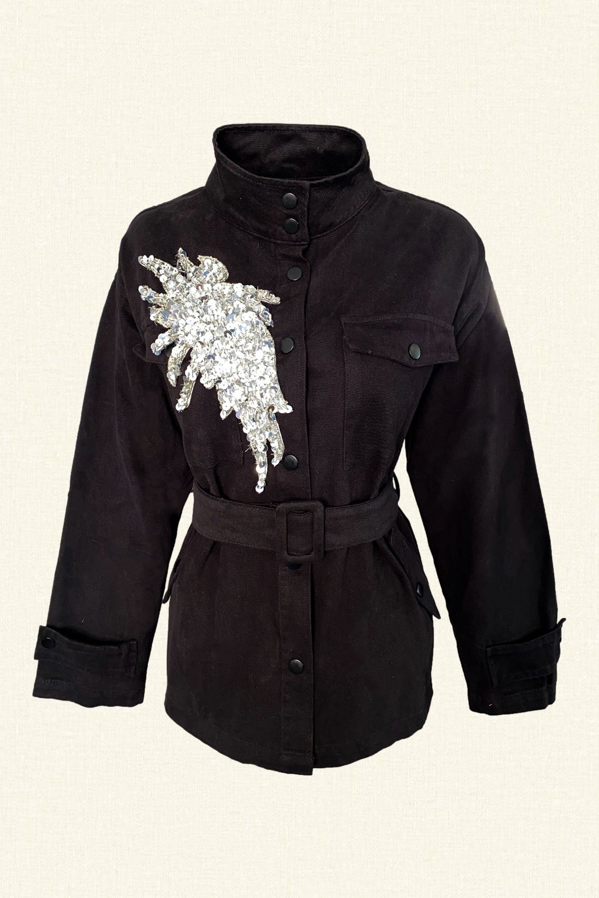 Gümüş İşlemeli Siyah Renk Jean Ceket