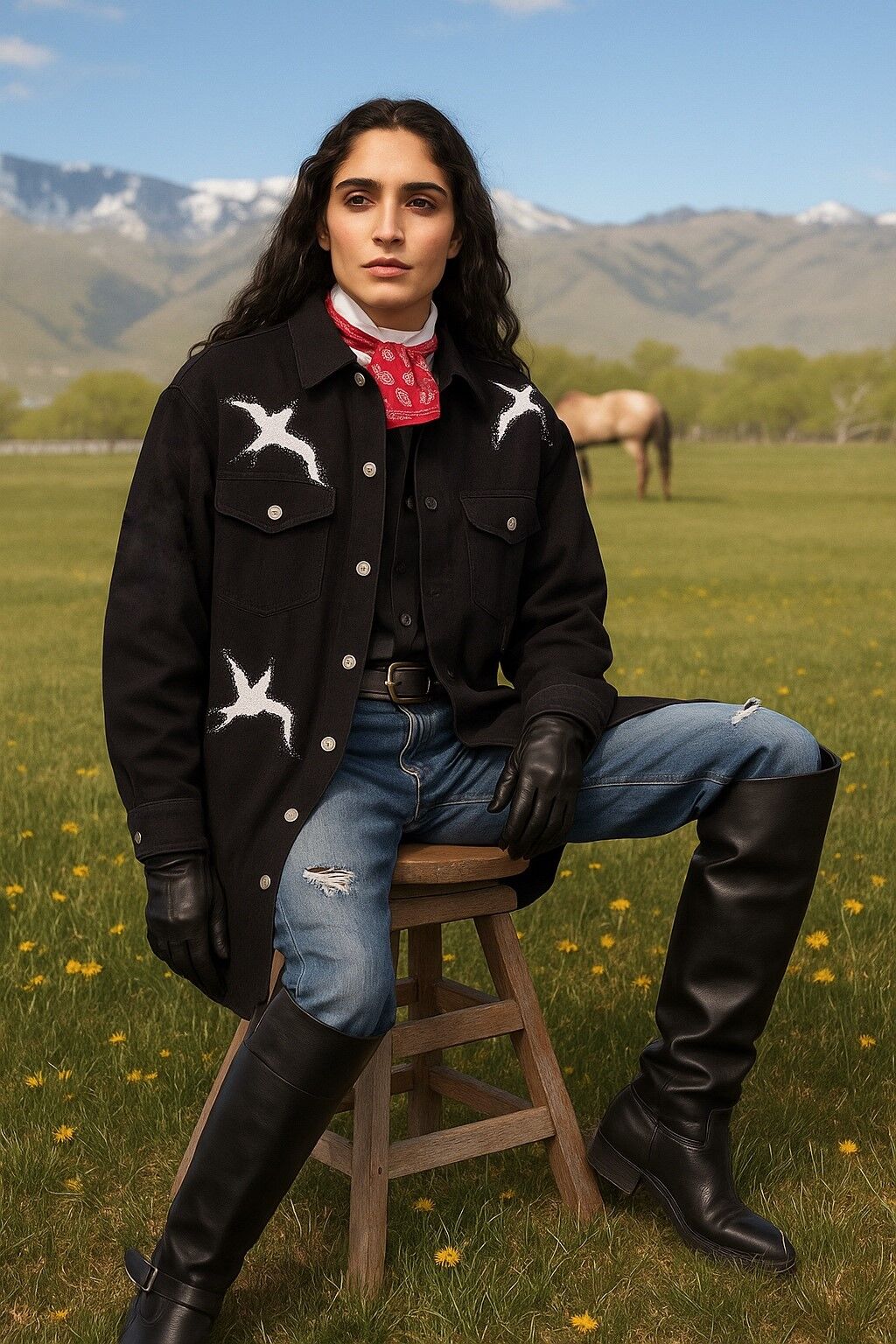 Deri Üzeri Pul İşlemeli Kuş Figürlü Uzun Siyah Oversize Jean Ceket