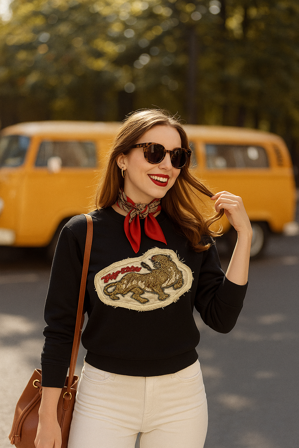 Kaplan Motifli Siyah Polar Sweatshirt