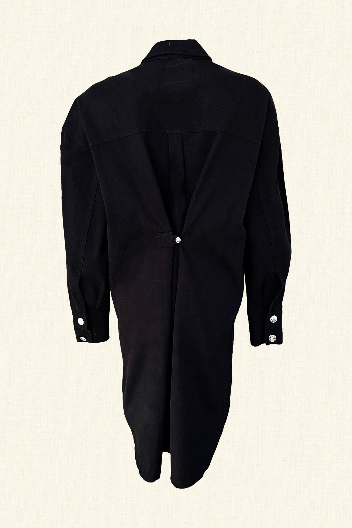 Deri Üzeri Pul İşlemeli Kuş Figürlü Uzun Siyah Oversize Jean Ceket