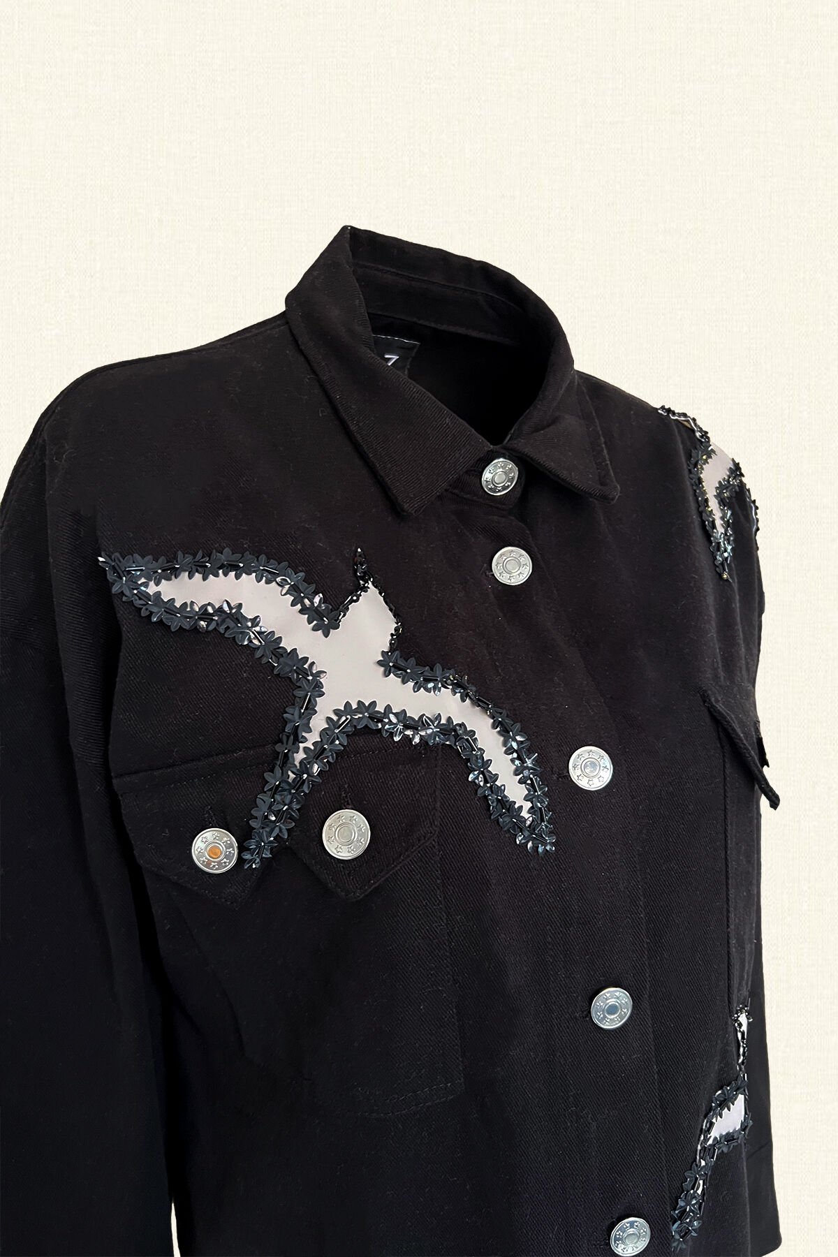 Deri Üzeri Pul İşlemeli Kuş Figürlü Uzun Siyah Oversize Jean Ceket