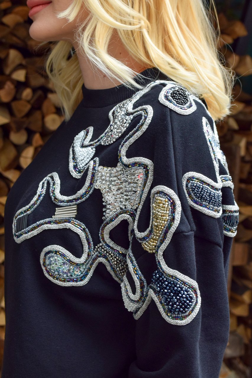 Omzu Gümüş Halat ve Boncuk İşlemeli Elbise