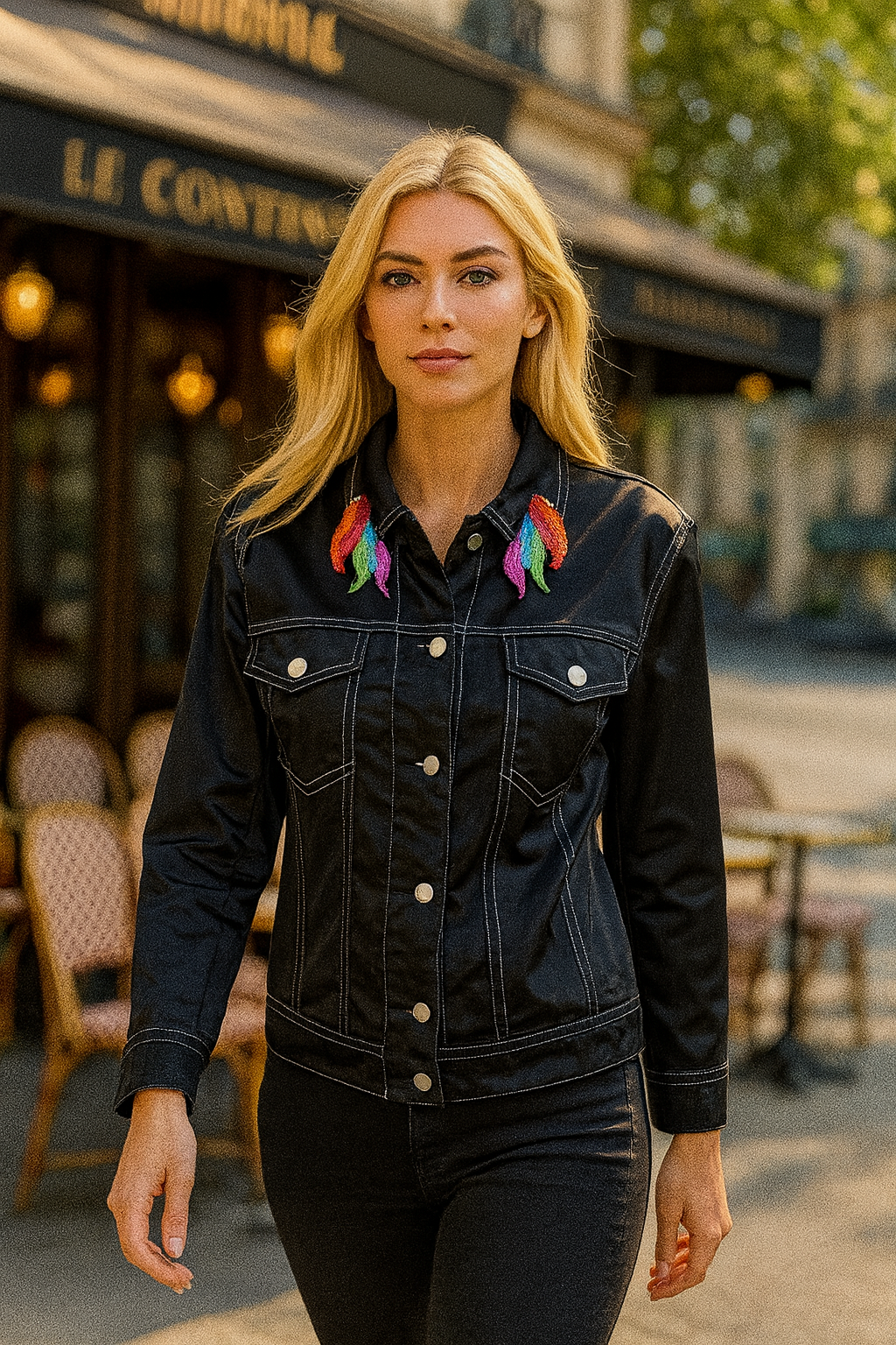 Yakası Renkli İşlemeli Siyah Saten Ceket