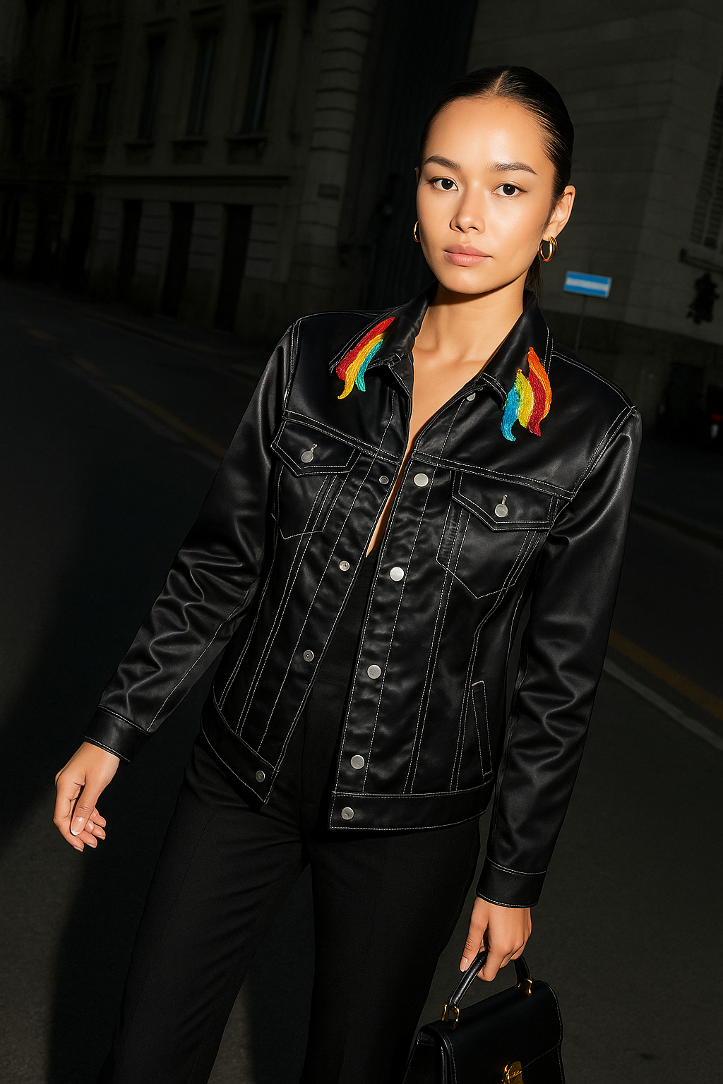 Yakası Renkli İşlemeli Siyah Saten Ceket