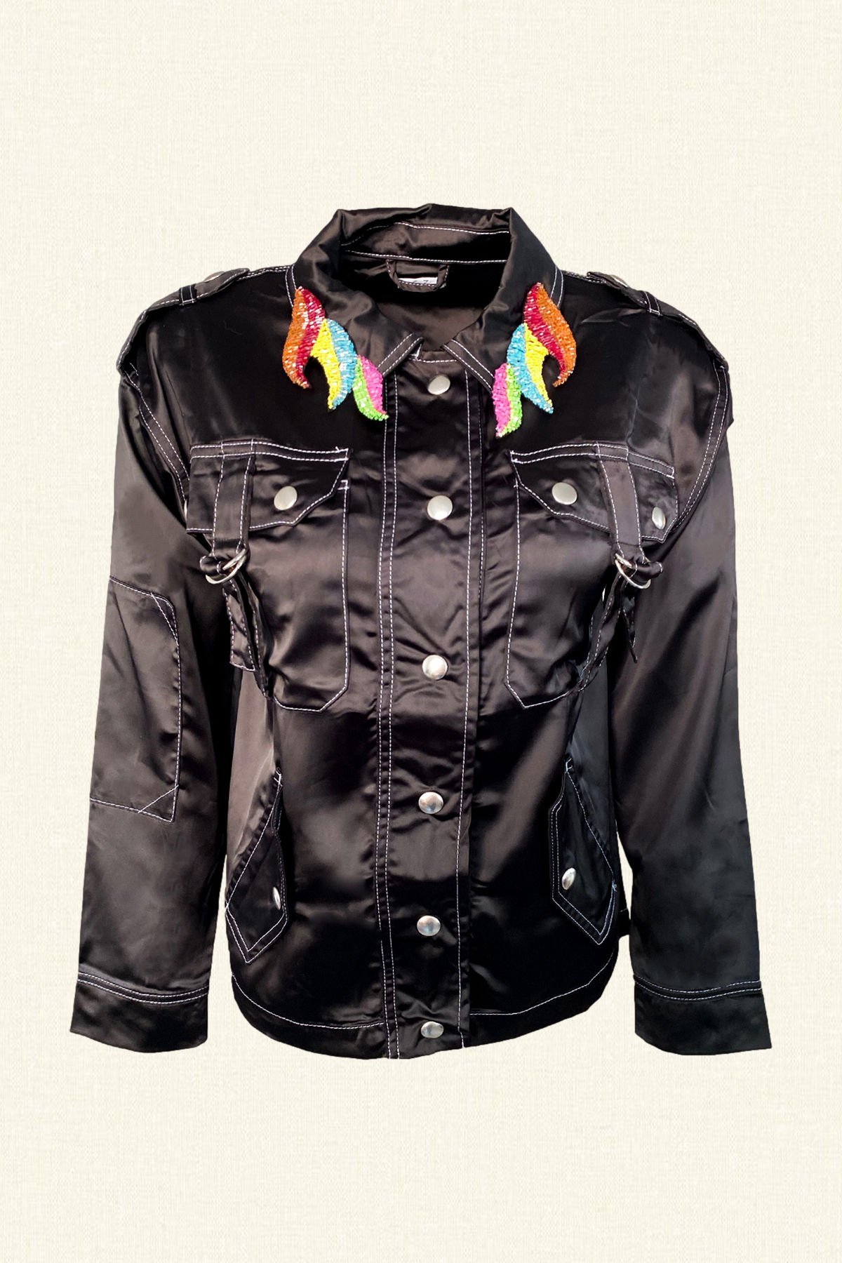 Yakası Renkli İşlemeli Siyah Saten Ceket