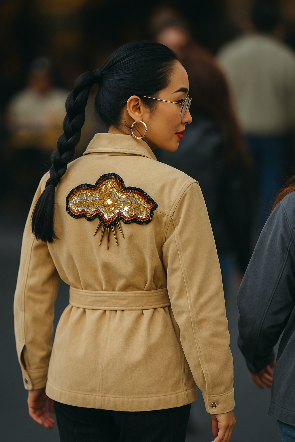 Sırtı Kristal Taşlı Krem Jean Ceket