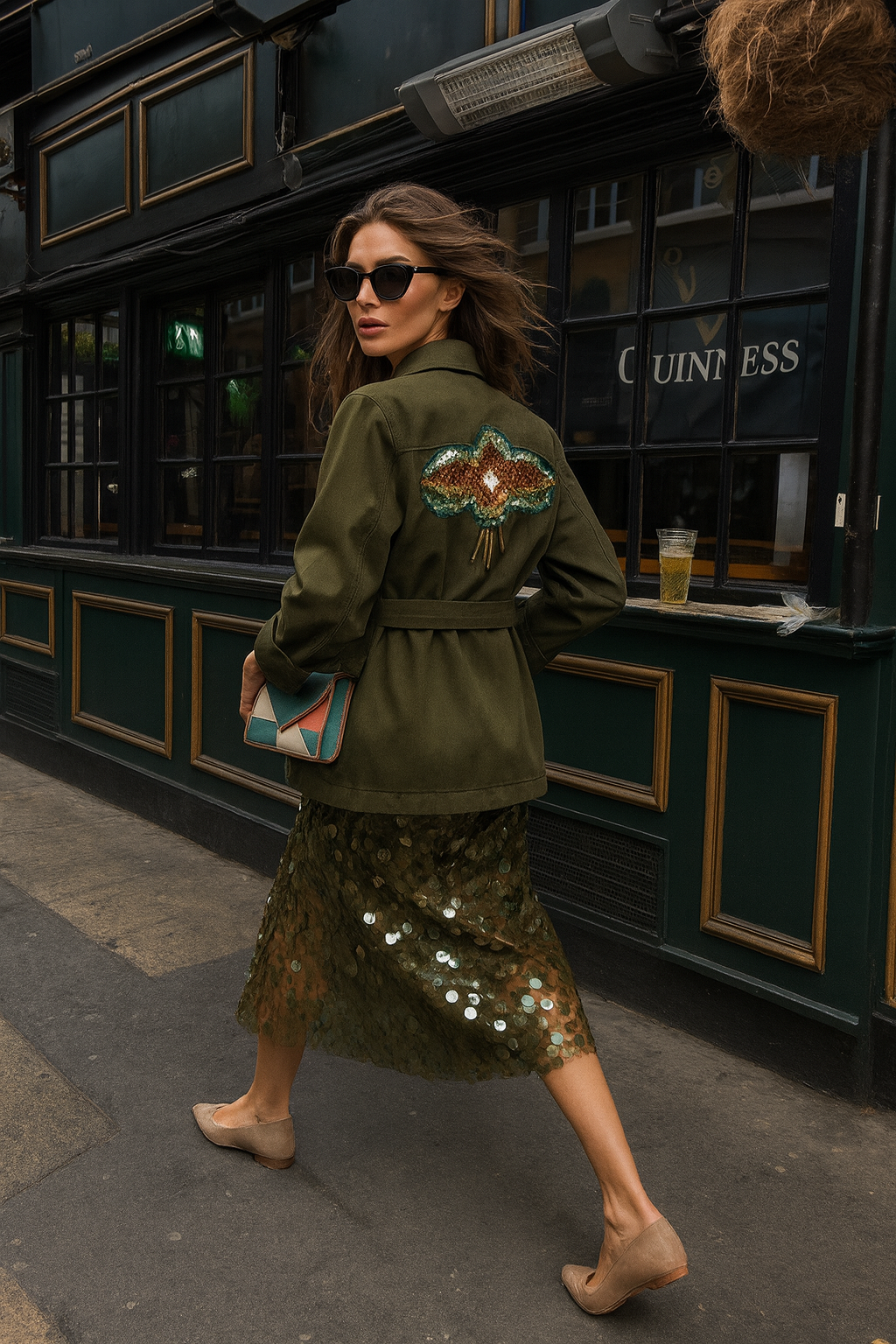 Sırtı Kristal Taşlı Yeşil Jean Ceket