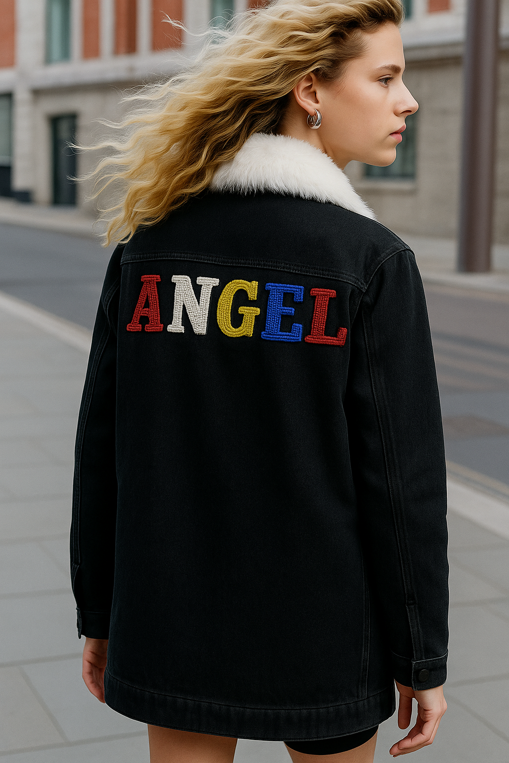 El Boyaması Melek Figürlü İçi Kürklü Siyah Jean Ceket