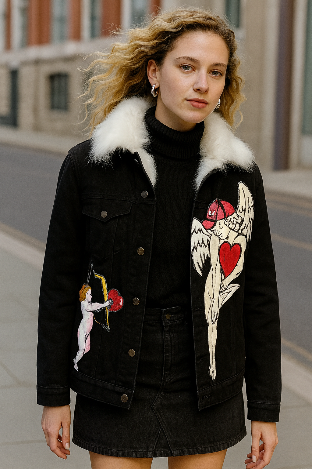 El Boyaması Melek Figürlü İçi Kürklü Siyah Jean Ceket