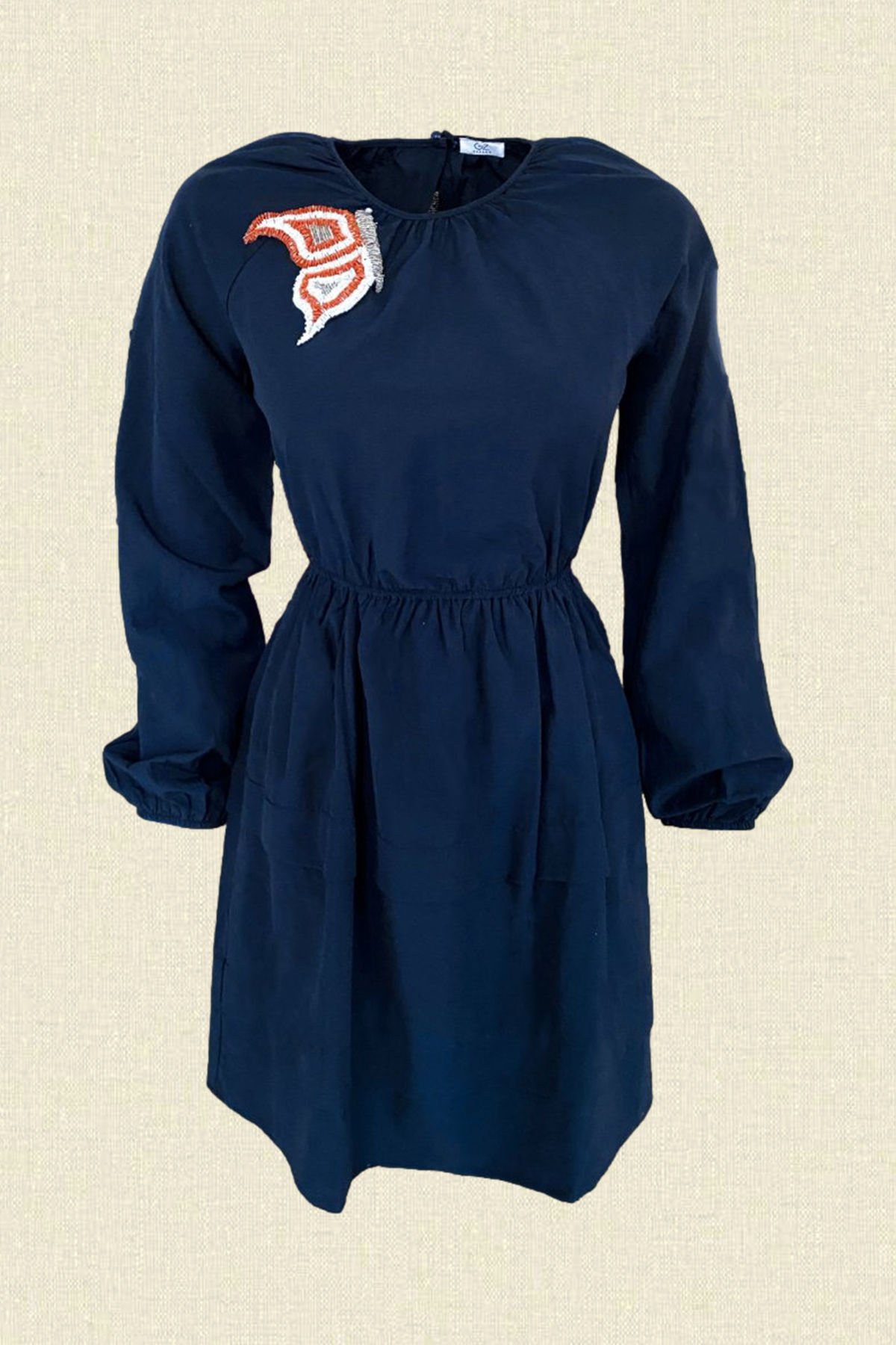 Turuncu Kelebek İşlemeli Lacivert Elbise