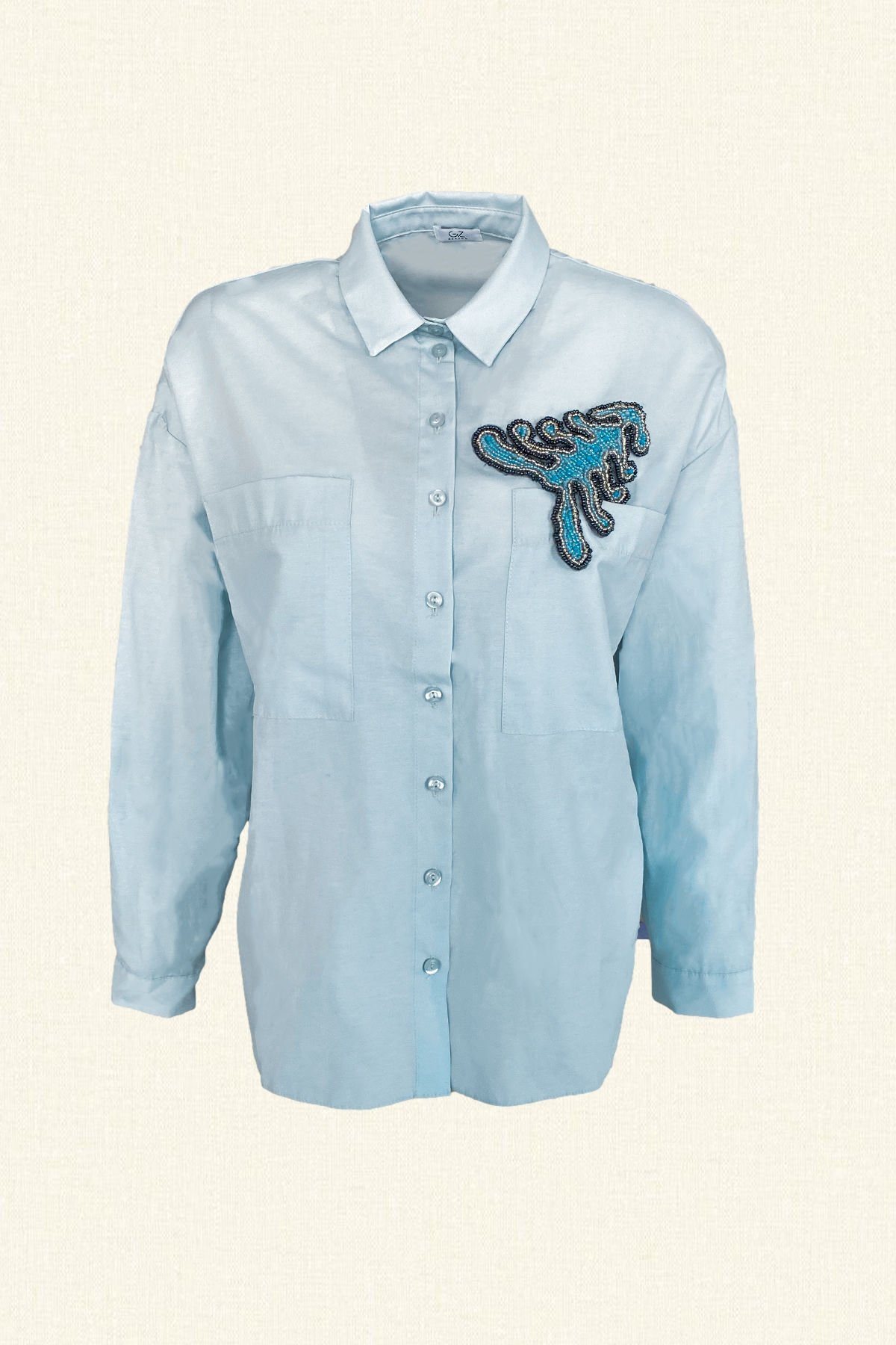 Gümüş İşlemeli Mavi Oversize Gömlek