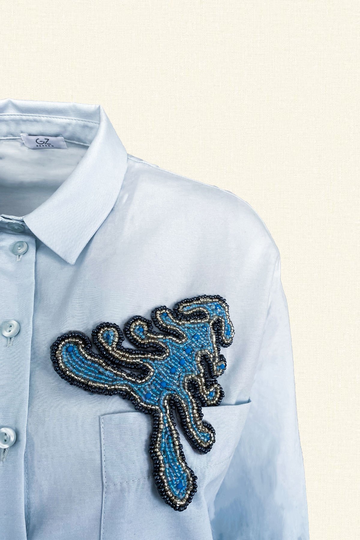 Gümüş İşlemeli Mavi Oversize Gömlek