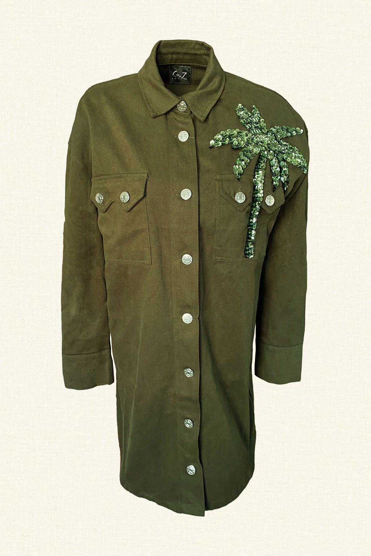 Palmiye İşlemeli Uzun Yeşil Jean Ceket