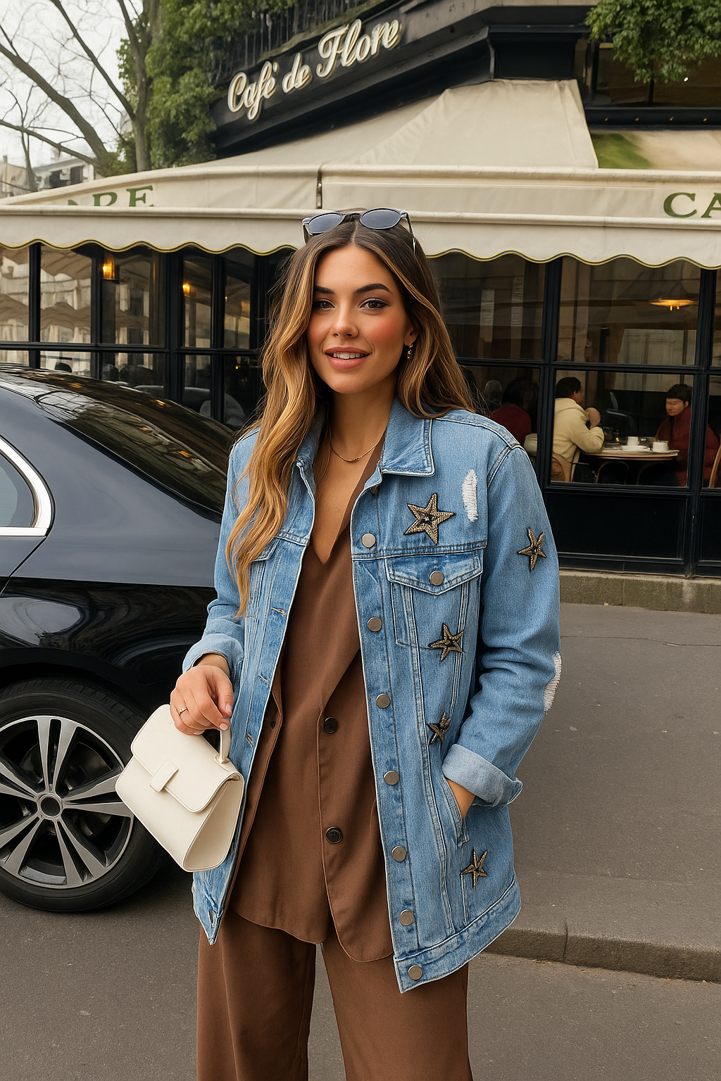 Yıldız İşlemeli Uzun Açık Renk Jean Ceket