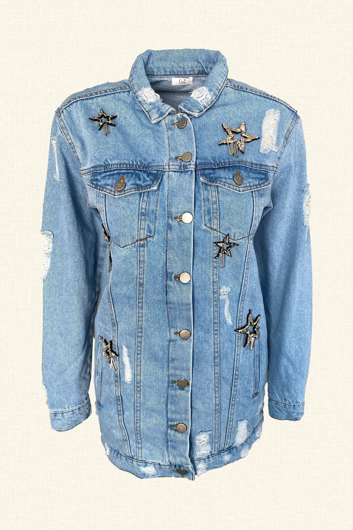 Yıldız İşlemeli Uzun Açık Renk Jean Ceket