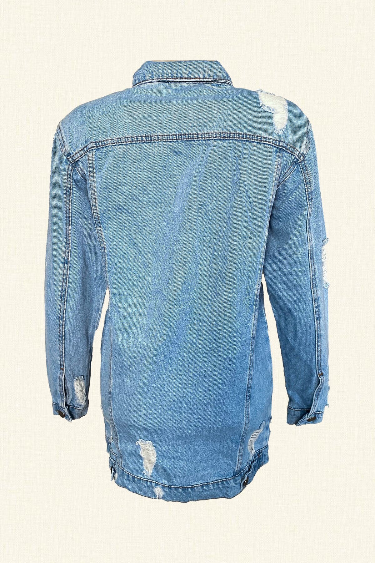 Yıldız İşlemeli Uzun Açık Renk Jean Ceket