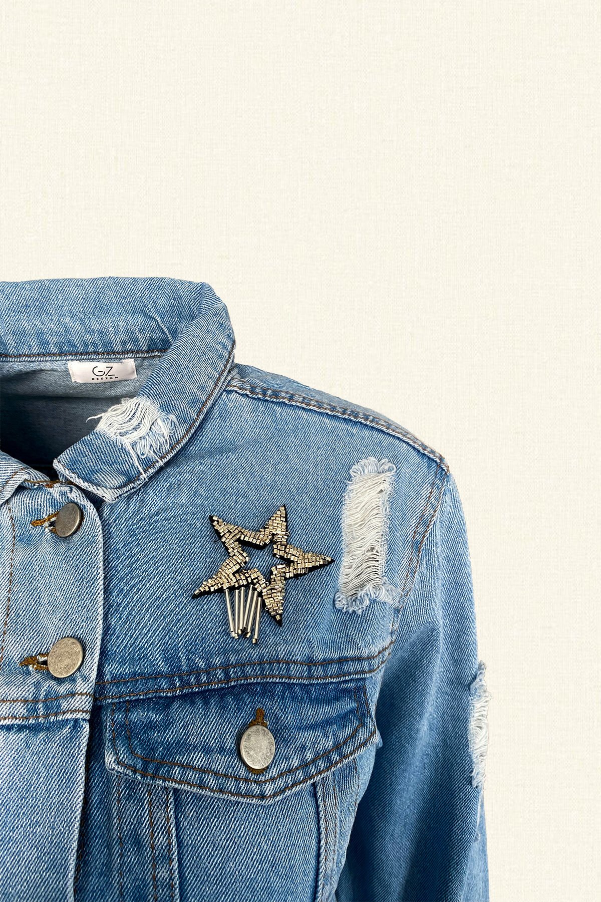 Yıldız İşlemeli Uzun Açık Renk Jean Ceket