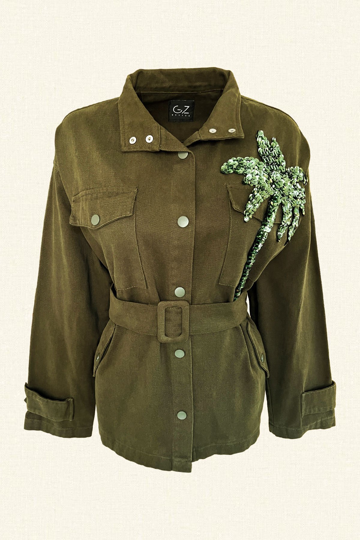 Palmiye İşlemeli Yeşil Renk Jean Ceket