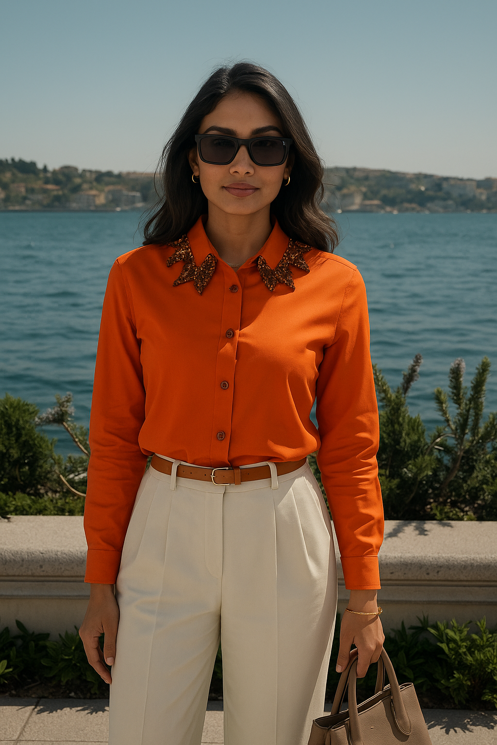 Yakası Bakır Boncuk İşlemeli Turuncu Gömlek