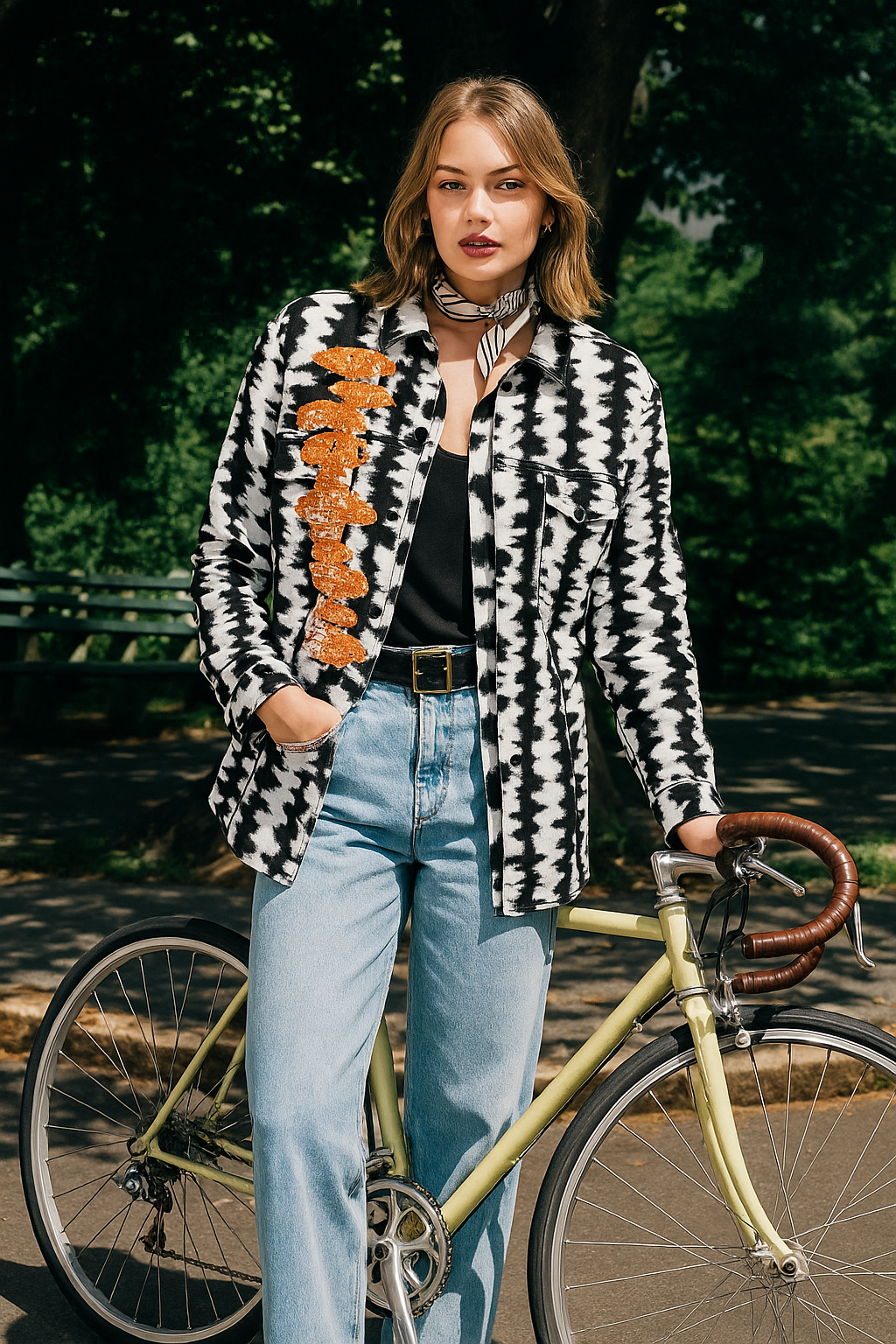 Turuncu İşlemeli Siyah Beyaz Desenli Jean Gömlek