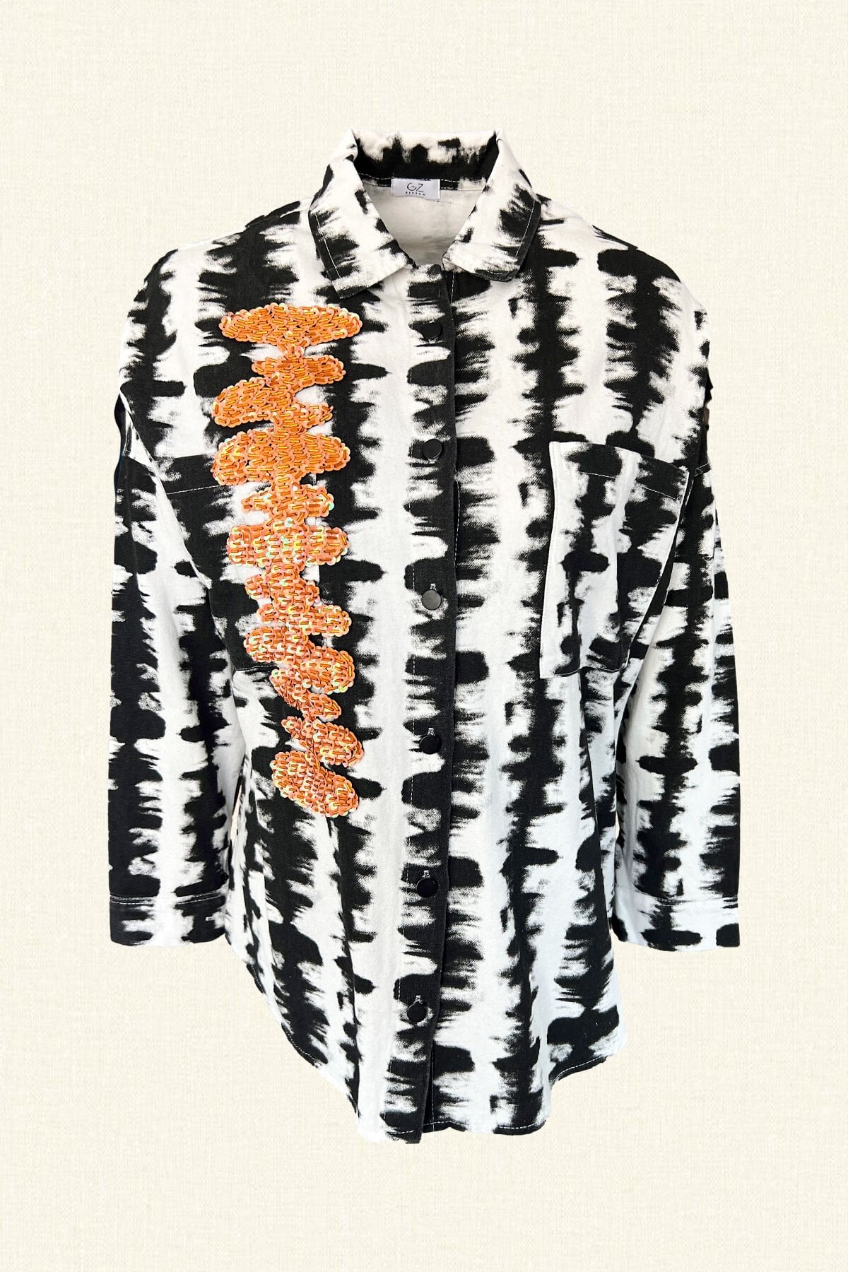 Turuncu İşlemeli Siyah Beyaz Desenli Jean Gömlek