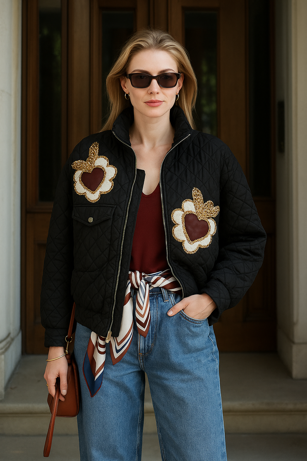 Deri Kalp Detaylı Boncuk İşlemeli Siyah Kapitone Bomber Ceket