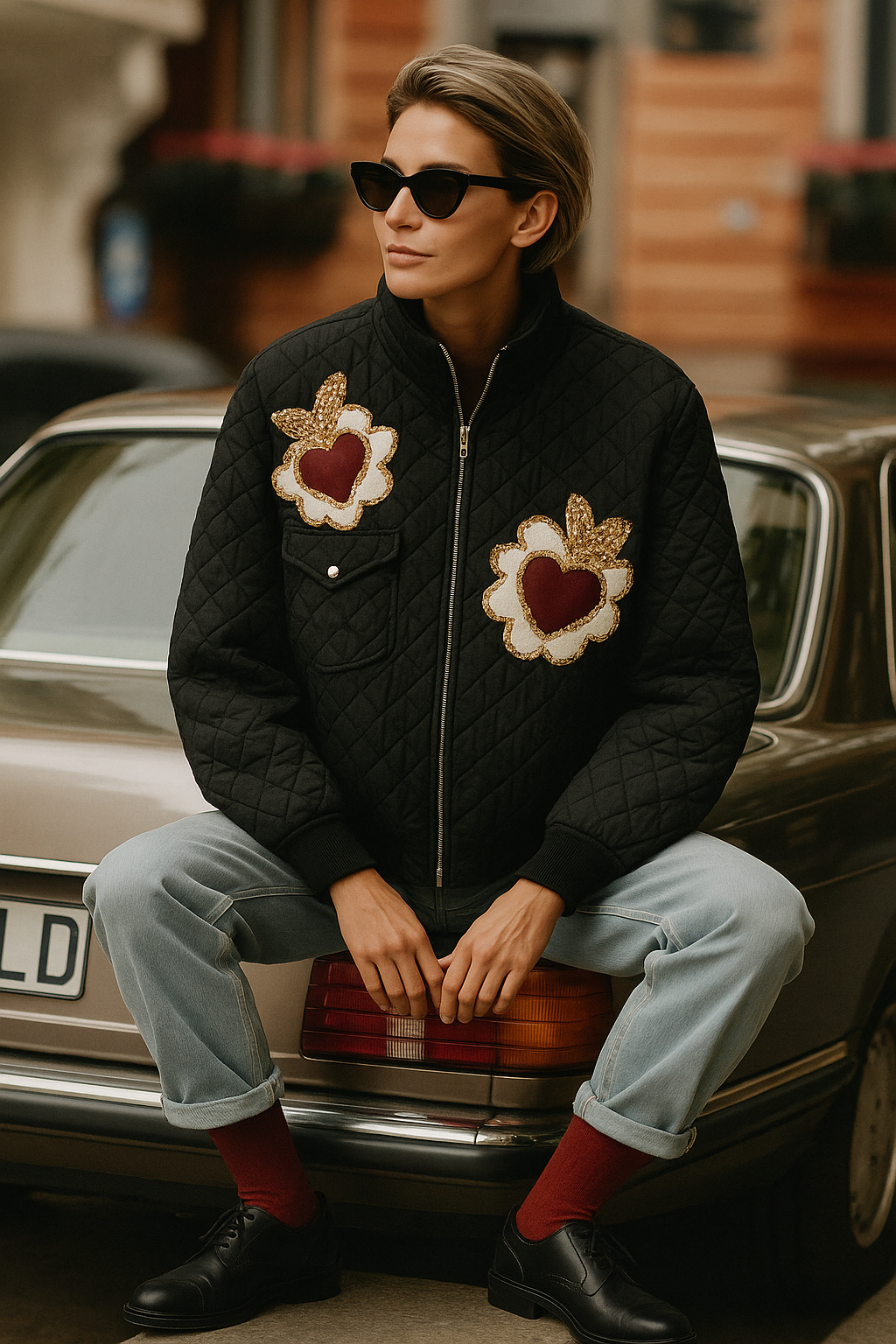 Deri Kalp Detaylı Boncuk İşlemeli Siyah Kapitone Bomber Ceket