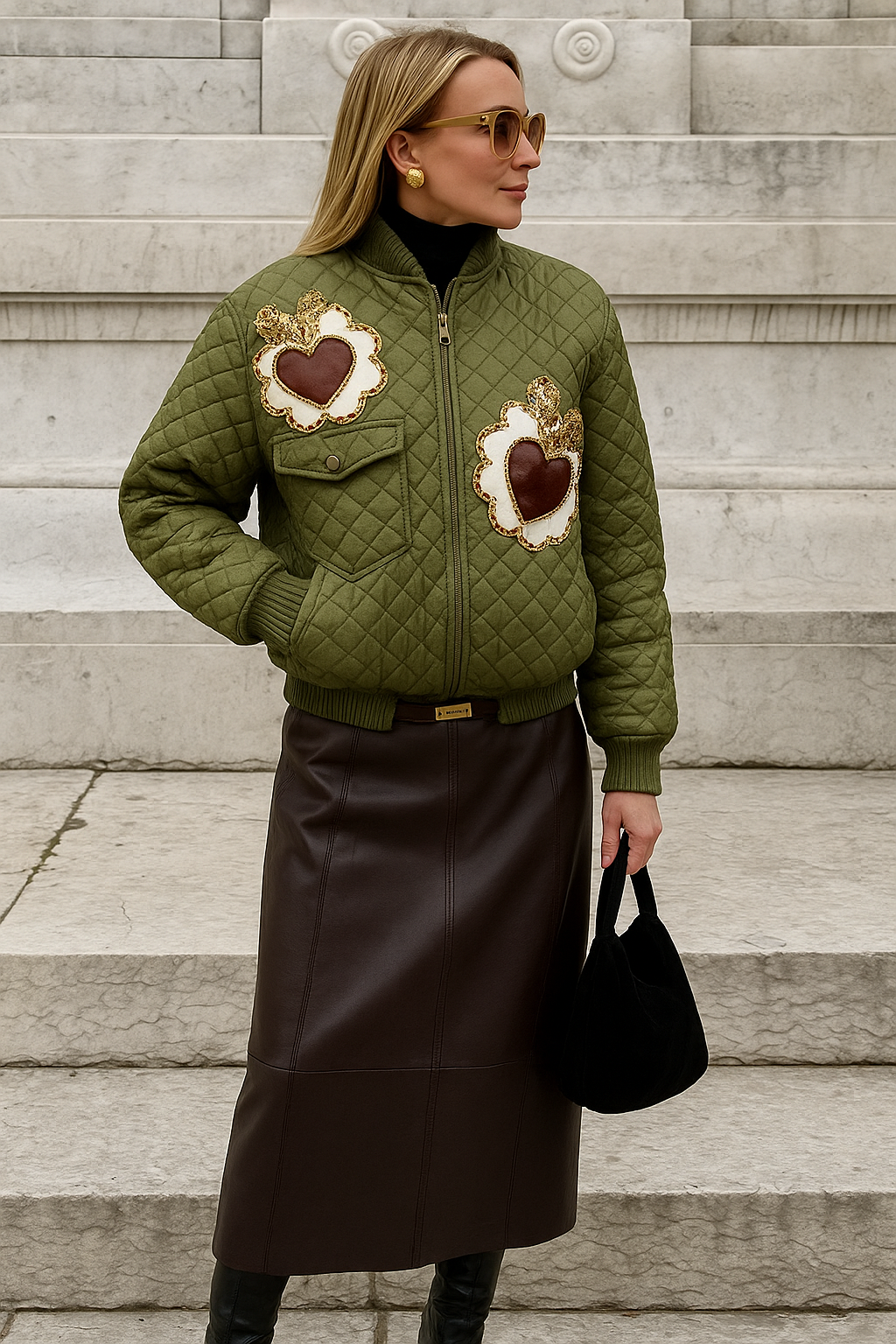 Deri Kalp Detaylı Boncuk İşlemeli Yeşil Kapitone Bomber Ceket