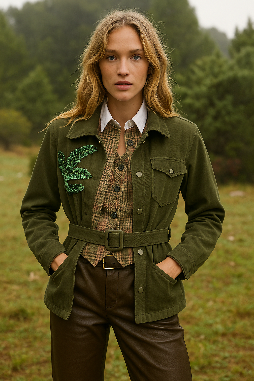 Yaprak İşlemeli Yeşil Renk Jean Ceket