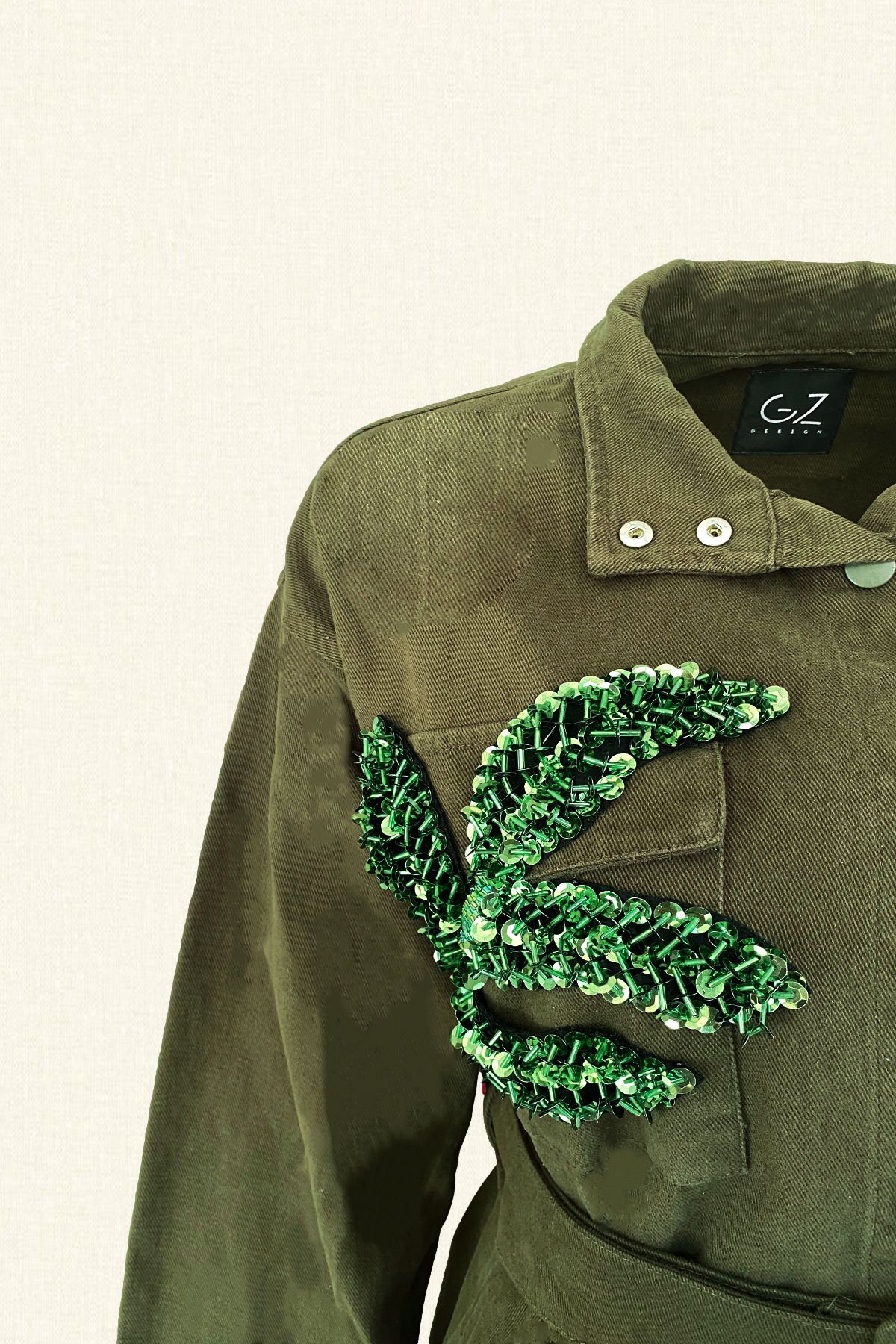 Yaprak İşlemeli Yeşil Renk Jean Ceket