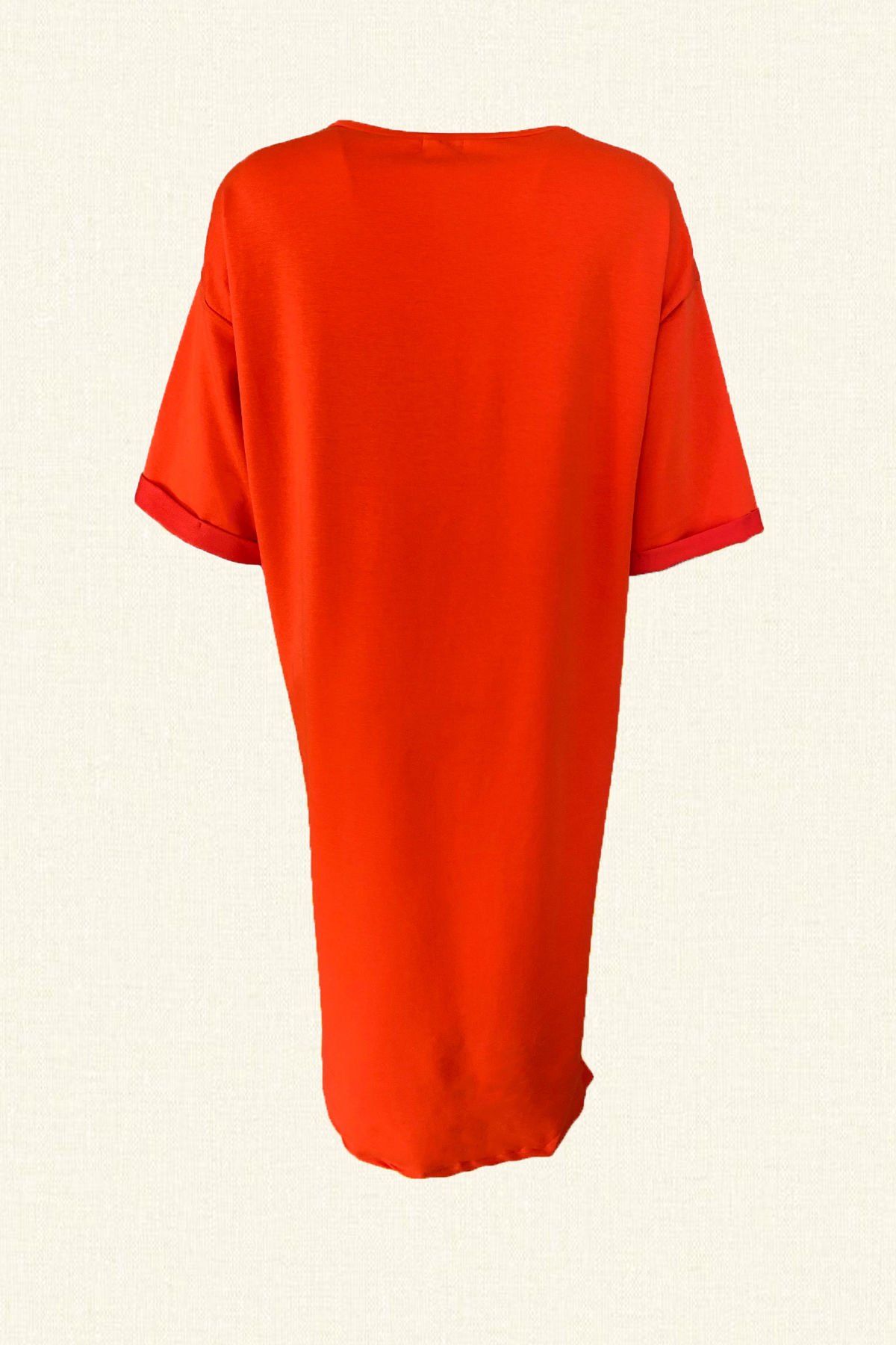 Kurbağa İşlemeli Kırmızı Penye Oversize Elbise