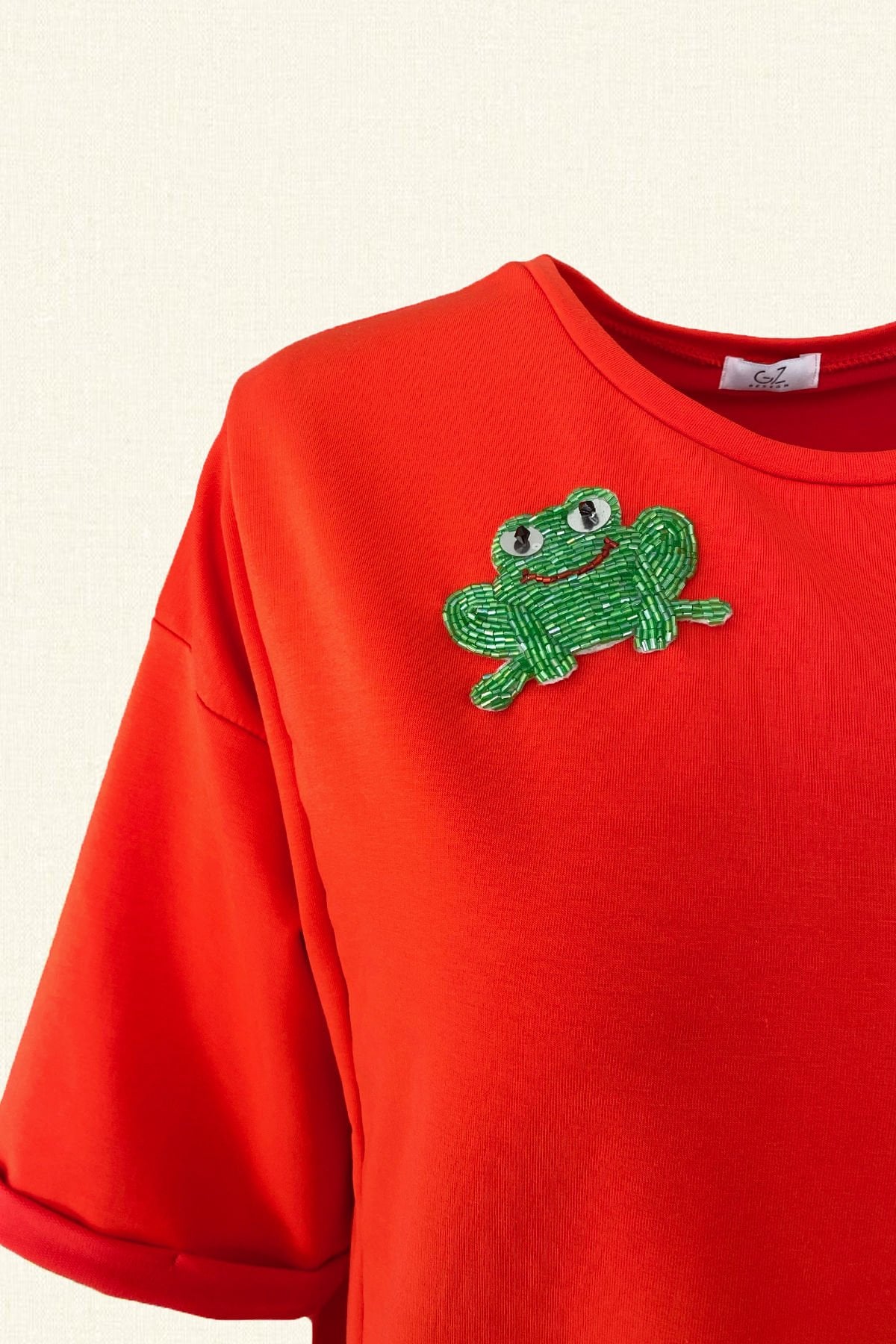 Kurbağa İşlemeli Kırmızı Penye Oversize Elbise