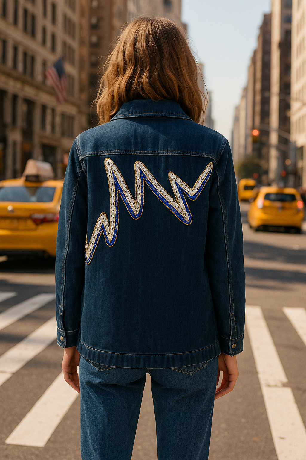 Gümüş Zigzag İşlemeli Koyu Renk Jean Ceket