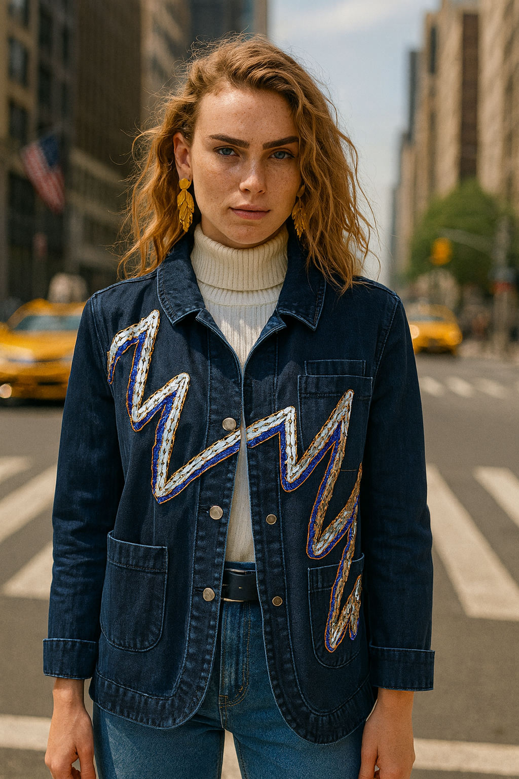 Gümüş Zigzag İşlemeli Koyu Renk Jean Ceket