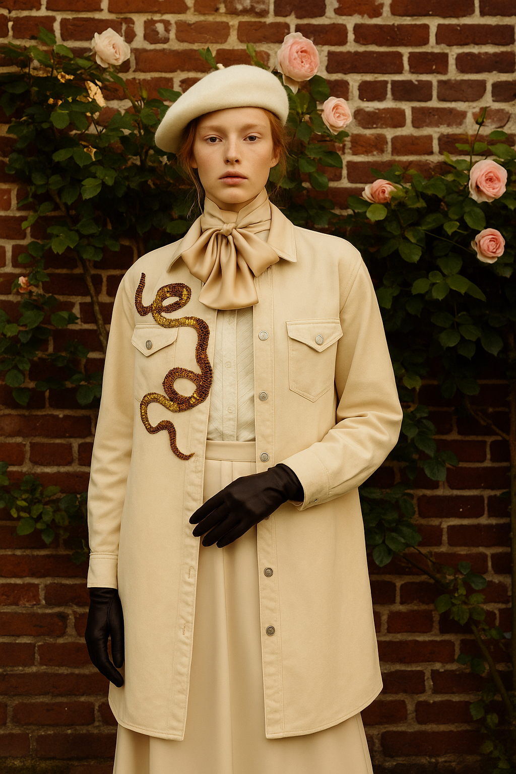 Gold Ve Bakır İşlemeli Uzun Krem Jean Ceket