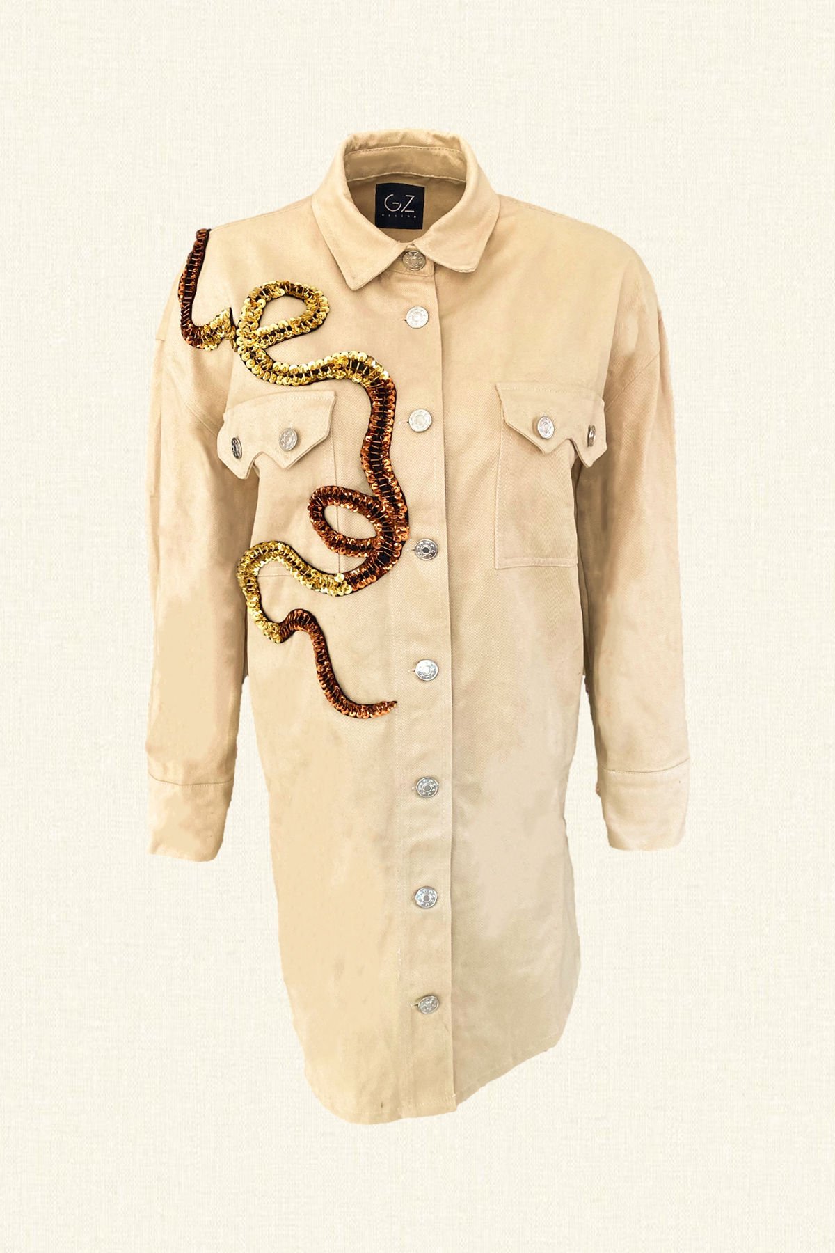 Gold Ve Bakır İşlemeli Uzun Krem Jean Ceket