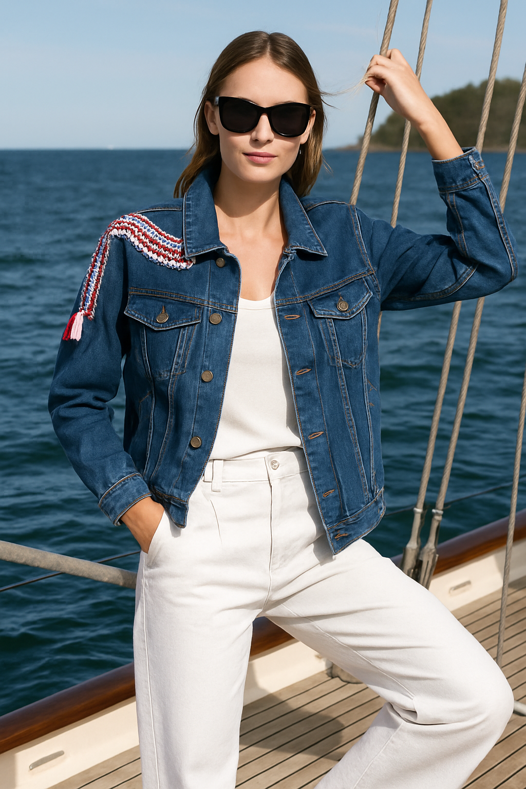 Kırmızı-Mavi İşlemeli Koyu Renk Jean Ceket