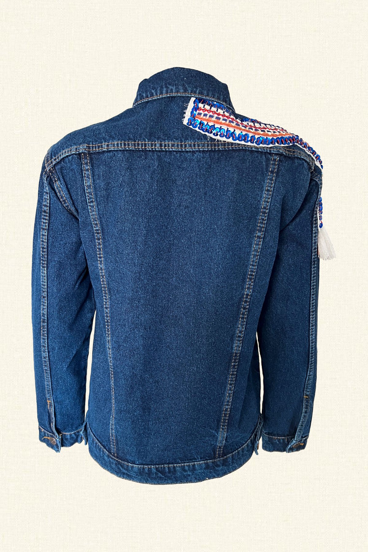 Kırmızı-Mavi İşlemeli Koyu Renk Jean Ceket