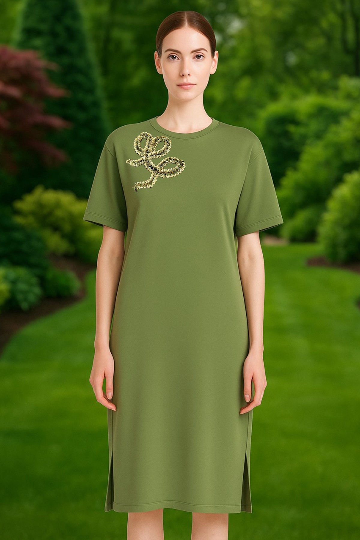 Gold İşlemeli Yeşil Penye Oversize Elbise